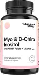 Wholesome Story Myo-Inositol and D-Chiro capsules bottle close-up for hormone balance.