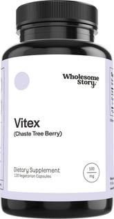 Wholesome Story Vitex bottle pour showing capsules for daily hormone support