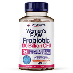 Wholesome Wellness Dr. Formulated Raw Probiotics for Women bottle pour supports gut balance and daily wellness.