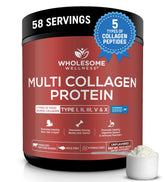 Wholesome Wellness multi-collagen powder bottle supports healthy hair, skin, and nails.
