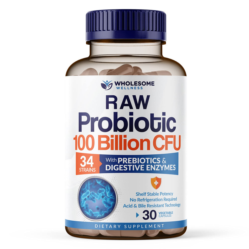 Wholesome Wellness probiotics bottle with 100B CFU for daily gut balance