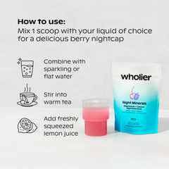 Wholier Night Minerals ingredients panel highlighting magnesium and tart cherry
