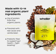 Wholier Organic Plant Protein shake shown with glass and blender for a creamy, satisfying drink.