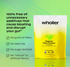 Wholier Organic Plant Protein ingredients close-up emphasizing 12 real plant components.