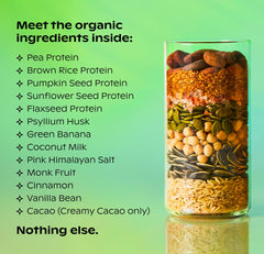 Wholier Organic Plant Protein creamy shake poured into a glass highlights smooth texture.