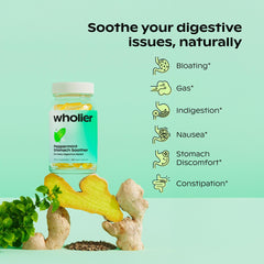 Wholier peppermint stomach soother capsules package highlighting vegan, allergen-free digestive support.