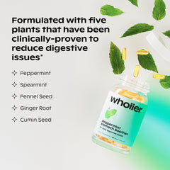 Wholier peppermint oil bottle label showing enteric-coated inner capsule delivery.