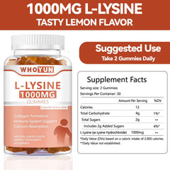 Whoyun L-Lysine gummies close-up with lemon flavor appeal.