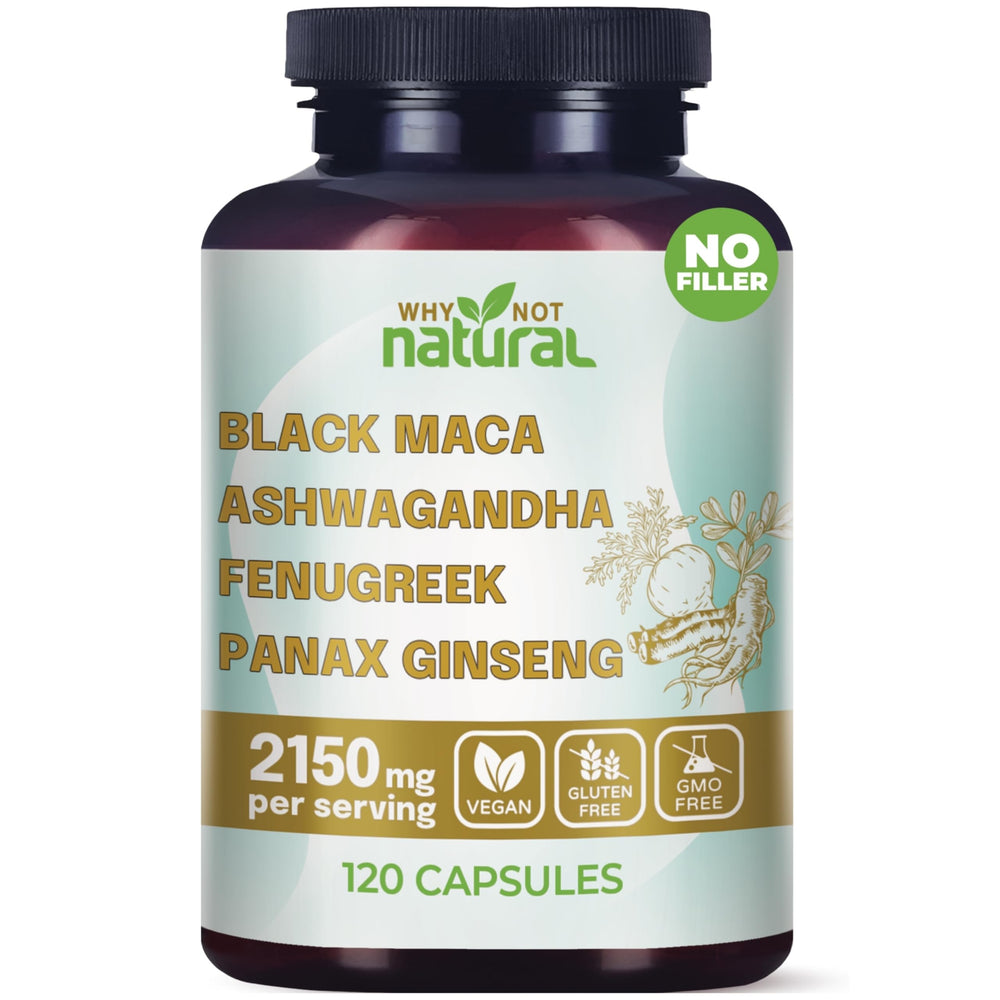 Why Not Natural 4-in-1 capsules bottle showing organic maca blend for daily vitality support.