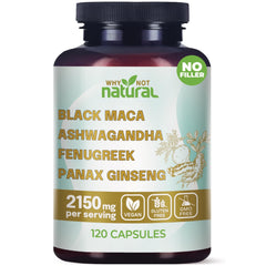 Why Not Natural 4-in-1 capsules bottle showing organic maca blend for daily vitality support.