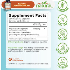 Why Not Natural Ashwagandha KSM66 label close-up shows purity and strength.