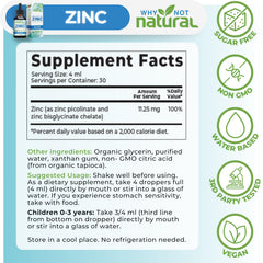 Why Not Natural Organic Liquid Zinc Drops label close-up highlighting well-absorbed chelated zinc