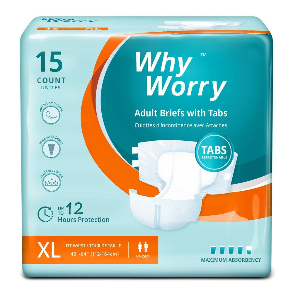 WhyWorry adult diapers with tabs for easy, secure changes and a comfortable fit.