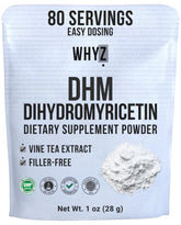 WHYZ DHM powder bottle front showcases a premium plant-based supplement for daily wellness.