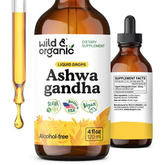 Wild & Organic Ashwagandha Drops bottle for daily mood support.