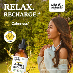 Dropper pouring Wild & Organic Ashwagandha Drops for quick calm.