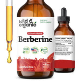 Wild & Organic Berberine Drops bottle on wood, alcohol-free tincture for gentle daily use.