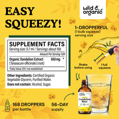 Wild & Organic Dandelion Root Extract Drops label highlights vegan and alcohol-free.