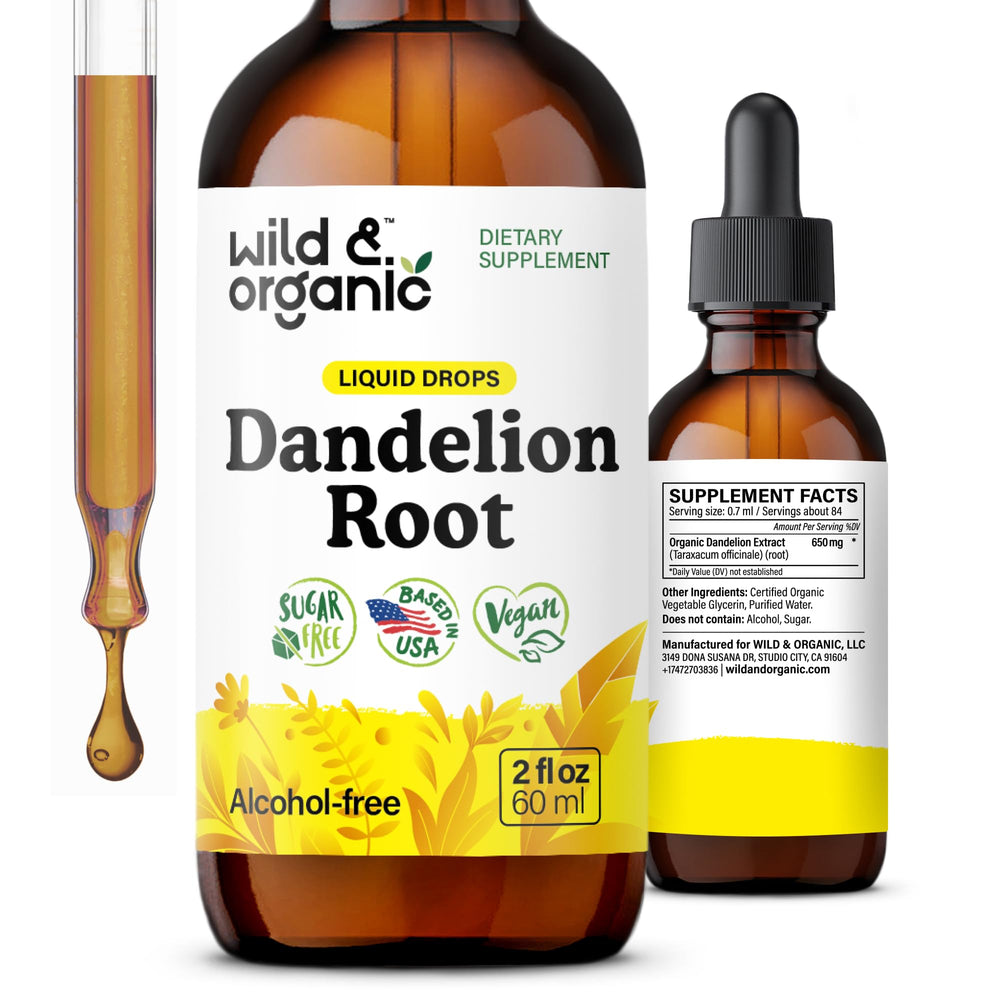 Wild & Organic dandelion root supplement bottle showcases liver-support tincture.