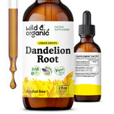 Wild & Organic dandelion root supplement bottle showcases liver-support tincture.