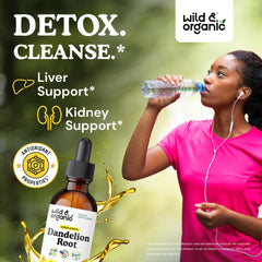 Wild & Organic dandelion tincture dropper highlights alcohol-free, digestion-friendly formula.