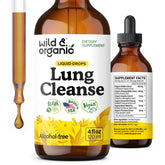 Wild & Organic Lung Cleanse Drops bottle on countertop, alcohol-free mullein tincture for daily use.
