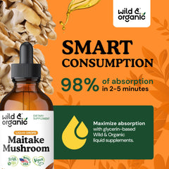 Close-up of Wild & Organic Maitake tincture label showing vegan formula.