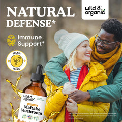 Pouring Wild & Organic Maitake tincture emphasizes alcohol-free drops.