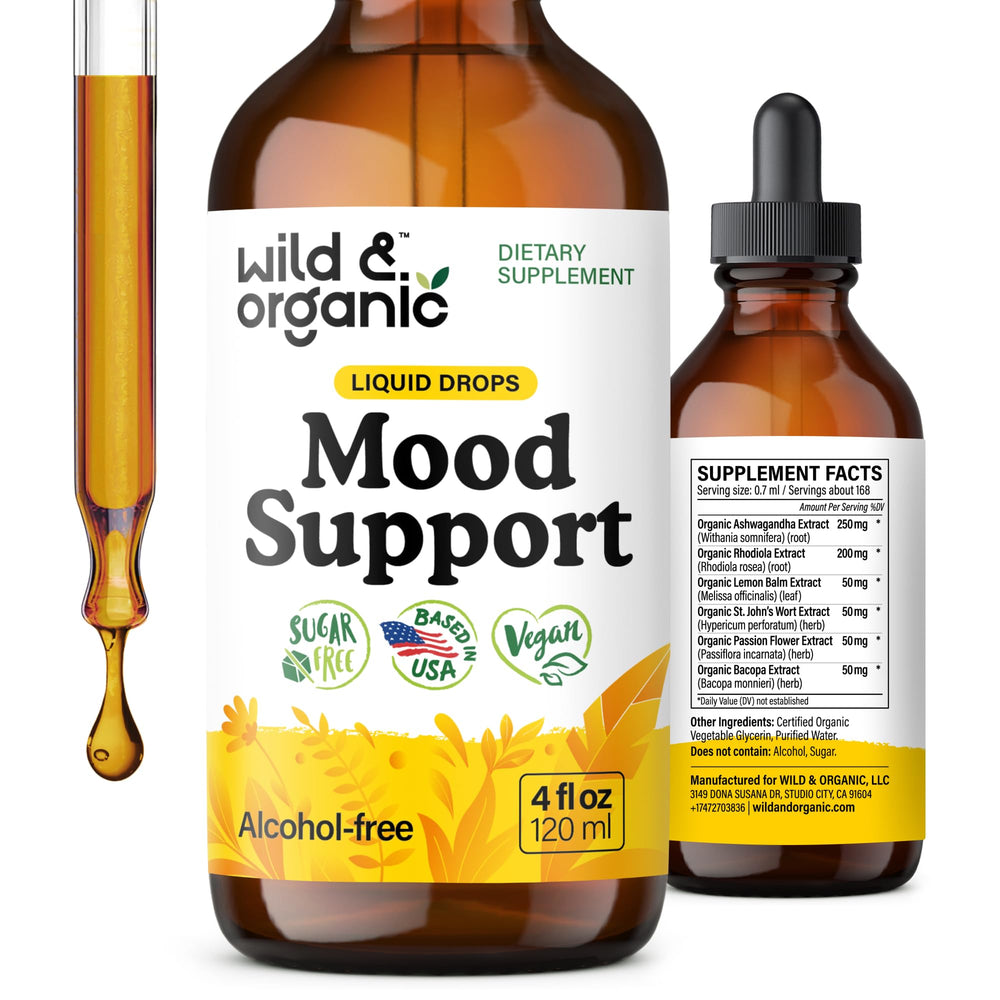 Wild and Organic mood-support bottle pour for easy daily dosing.