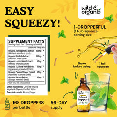 Wild and Organic mood-support bottle label highlights vegan, non-GMO formula.