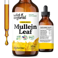 Wild & Organic Mullein Drops bottle highlights lung support with echinacea.
