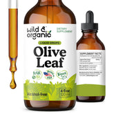 Wild & Organic olive leaf tincture bottle showing 500 mg extract for daily wellness