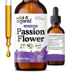 Wild & Organic passionflower tincture bottle offers mood support with a smooth, alcohol-free formula.
