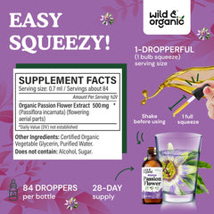 Label closeup of Wild & Organic passionflower tincture showing vegan, alcohol-free formula.