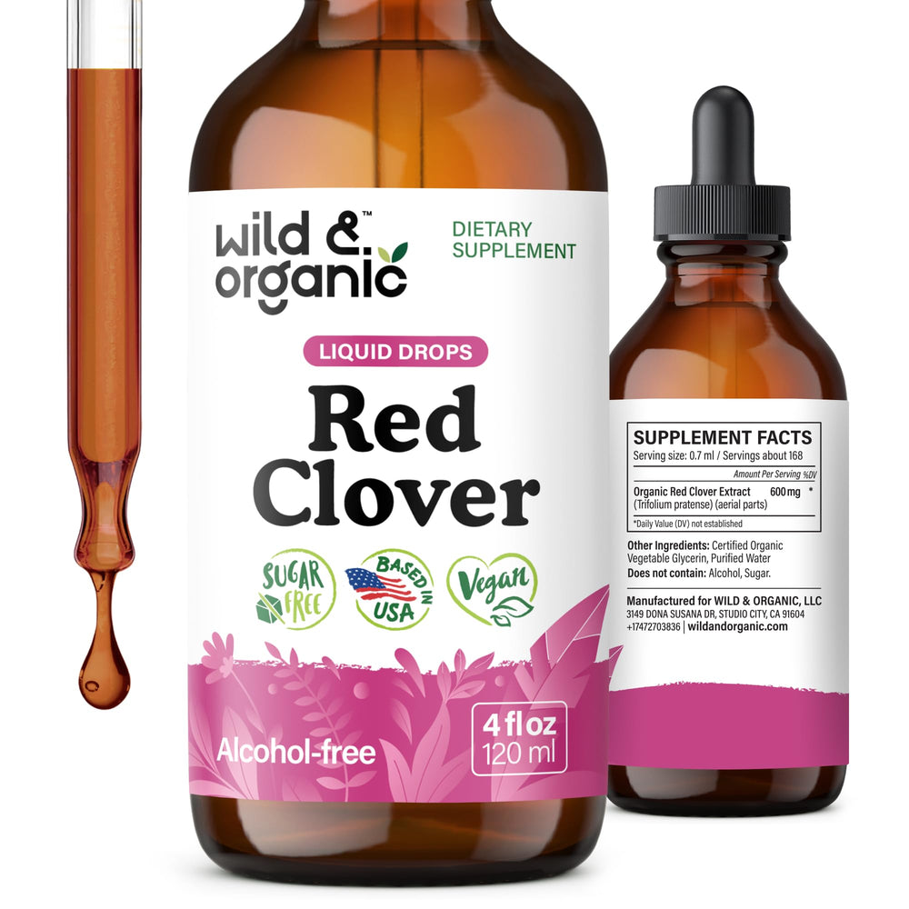 Wild & Organic Red Clover Drops bottle front showcasing vegan, menopause-friendly tincture.