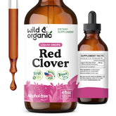Wild & Organic Red Clover Drops bottle front showcasing vegan, menopause-friendly tincture.