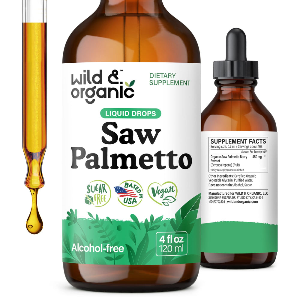 Wild & Organic Saw Palmetto Tincture bottle with dropper for daily urinary support.