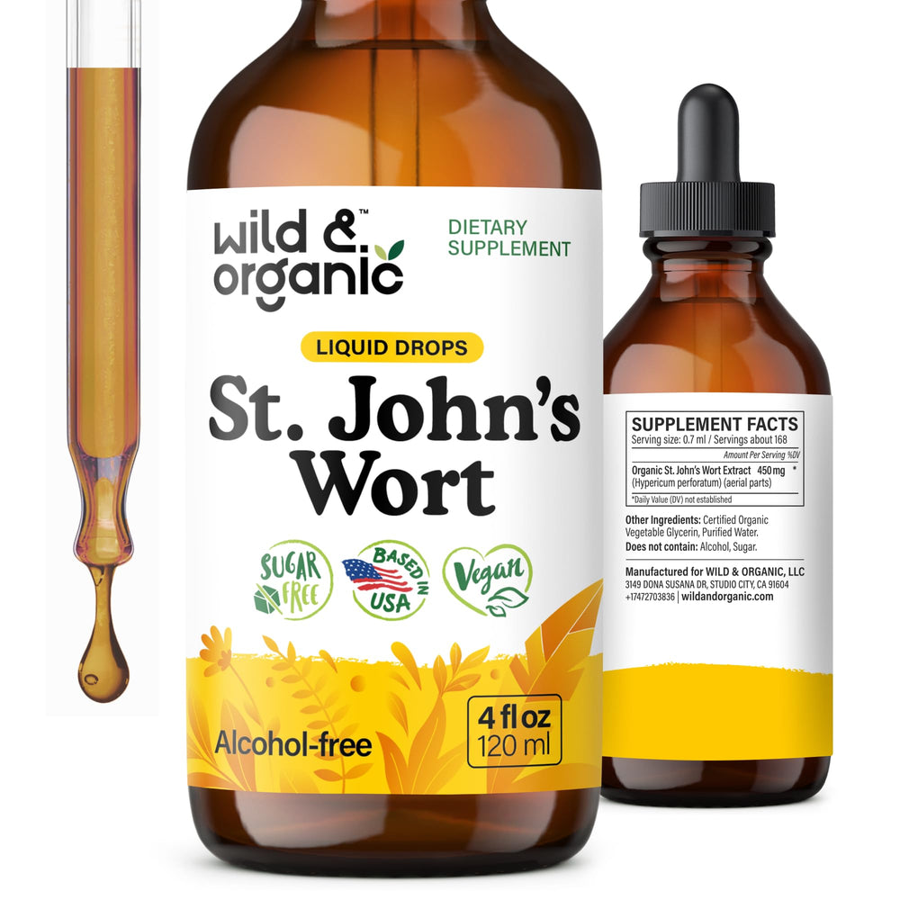 Wild & Organic St Johns Wort tincture bottle pour for mood support
