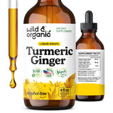 Wild & Organic Turmeric and Ginger Drops bottle; 56-day supply for daily joint and immune wellness.
