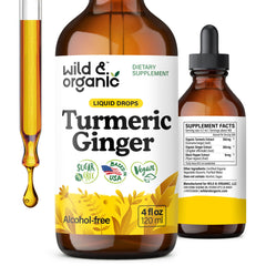 Wild & Organic Turmeric and Ginger Drops bottle; 56-day supply for daily joint and immune wellness.