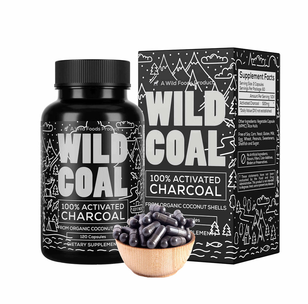 Wild Foods Activated Charcoal capsules bottle for everyday detox and convenience