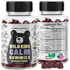 Wild Foods Kids Calm Gummies bottle shown for convenient daily calm