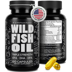 Wild Foods Omega 3 fish oil bottle shows triple strength formula for daily support