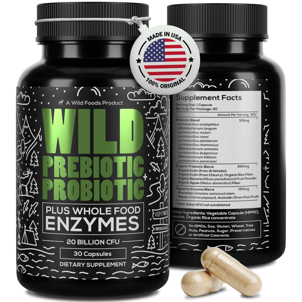 Wild Foods bottle of prebiotics and probiotics with enzymes for gut balance.