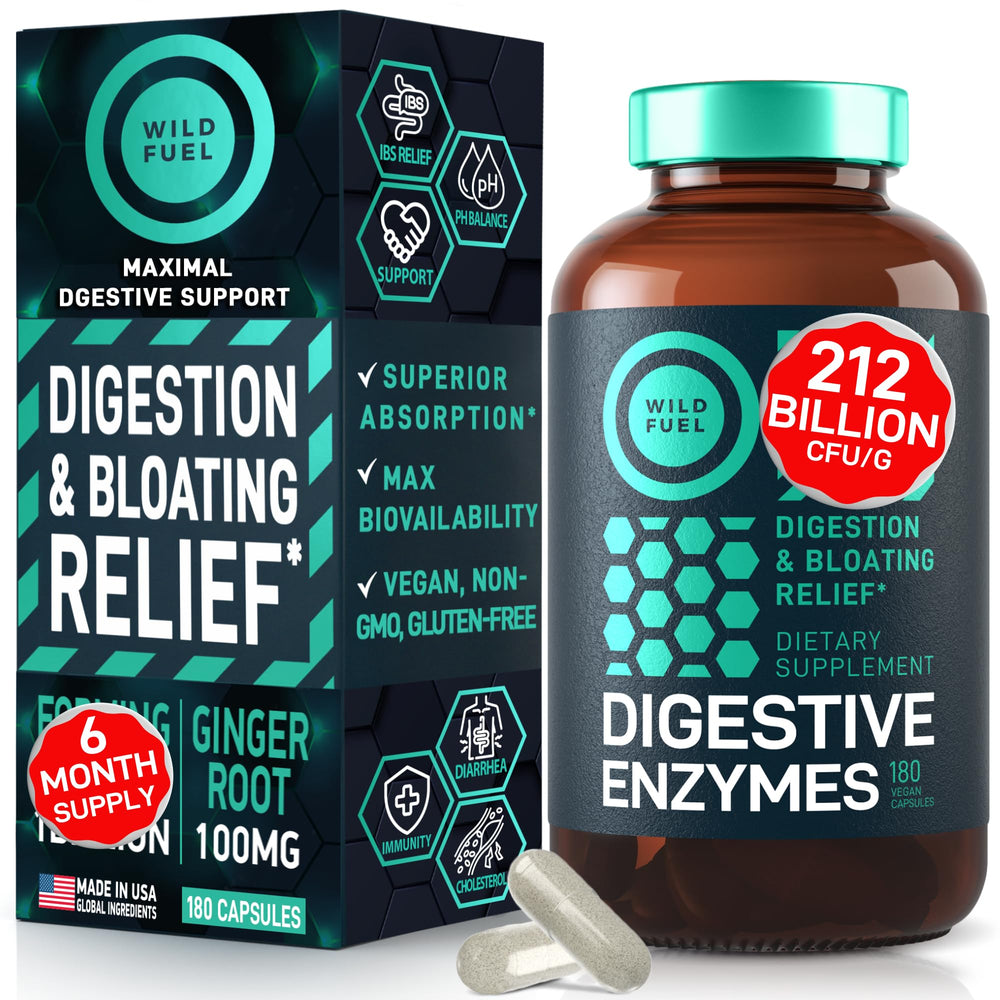 Wild Fuel digestive enzymes bottle closeup showing vegan support for gut comfort