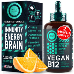 Wild Fuel vegan B12 liquid drops bottle highlights convenient daily energy support.