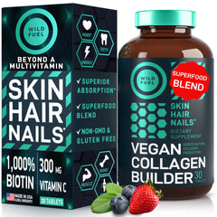 Wild Fuel vegan collagen builder bottle front view supporting skin and hair vitality.