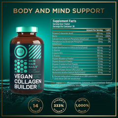 Wild Fuel vegan collagen builder ingredients list highlighting glycine, proline, lysine for collagen synthesis.
