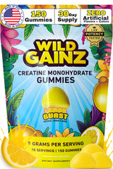 Wild Gainz Creatine Monohydrate Gummies bottle with lemon chews for on-the-go workouts