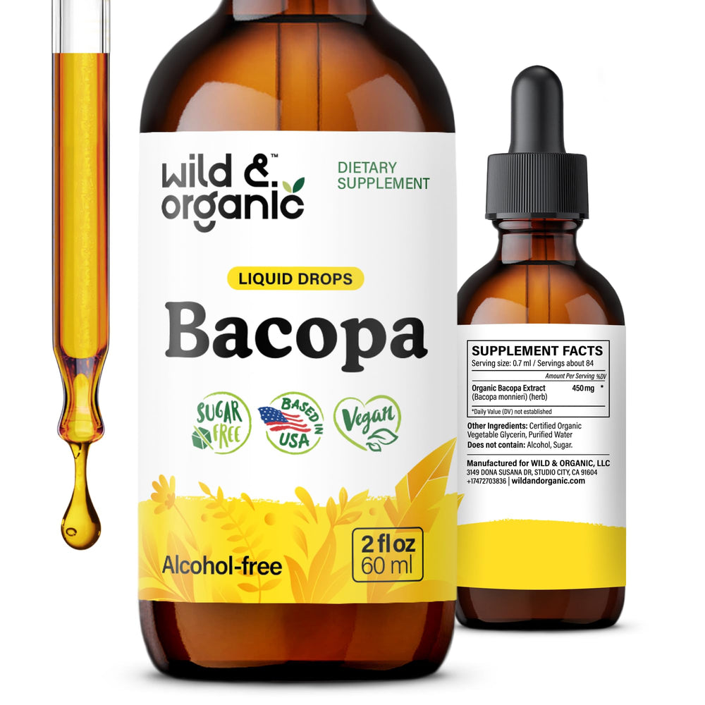 Wild & Organic Bacopa Tincture bottle on counter for calm focus